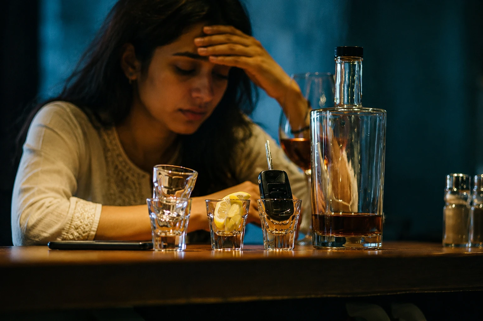 A woman reflecting on her drinking, considering whether it has become alcohol use disorder