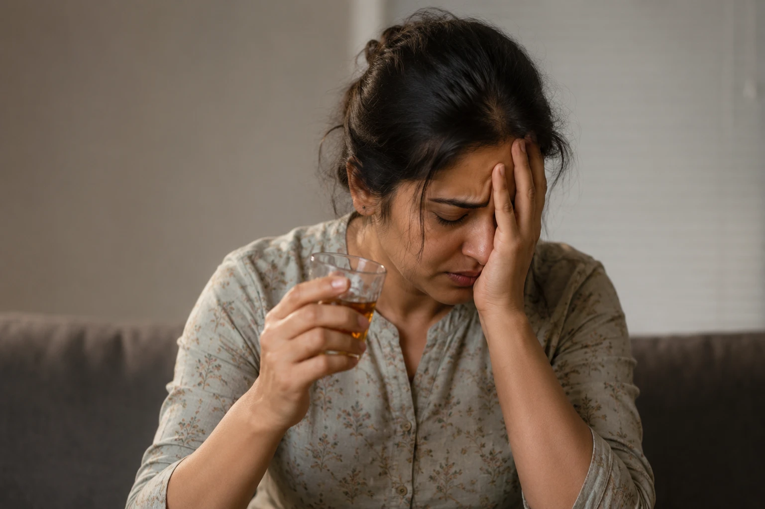 A woman showing warning signs of alcohol dependence