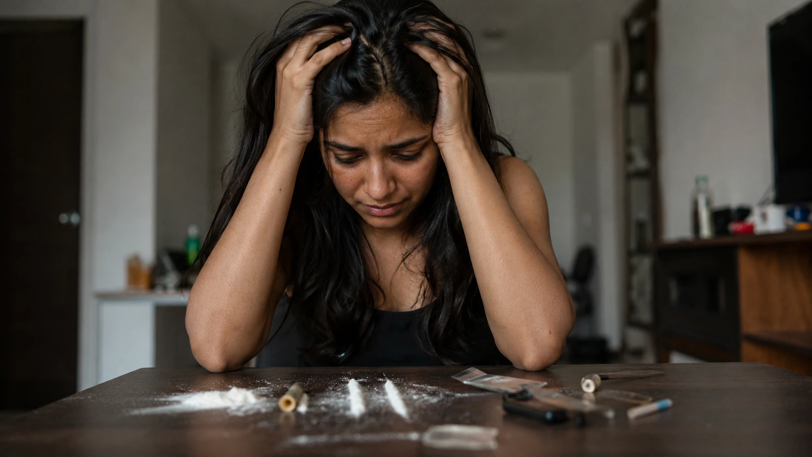 Woman overwhelmed by cocaine withdrawal symptoms